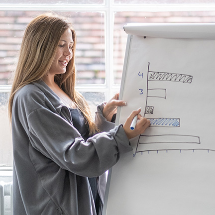 Lady writing out information on a paper white board