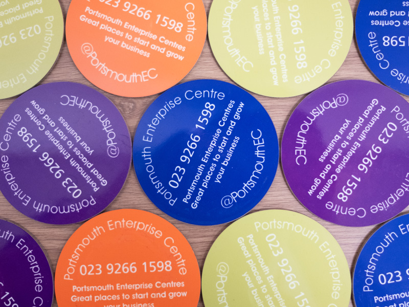 Image of Drinks coasters with Portsmouth Enterprise Centre logo and information